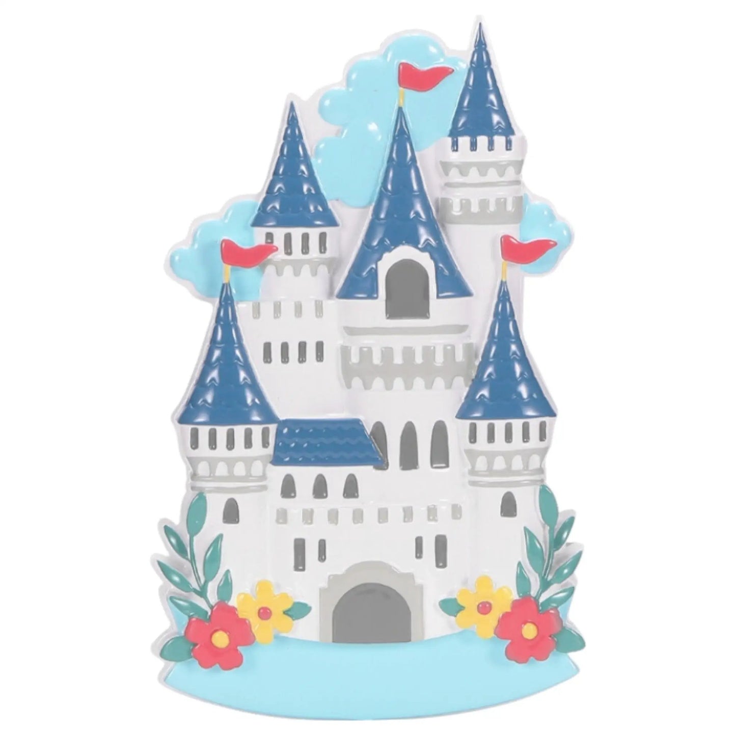 Fairytale Ice Castle Ornament with Blue Towers and white castle, red pennants, clouds, and colorful flowers on Tampa Home & Garden Store