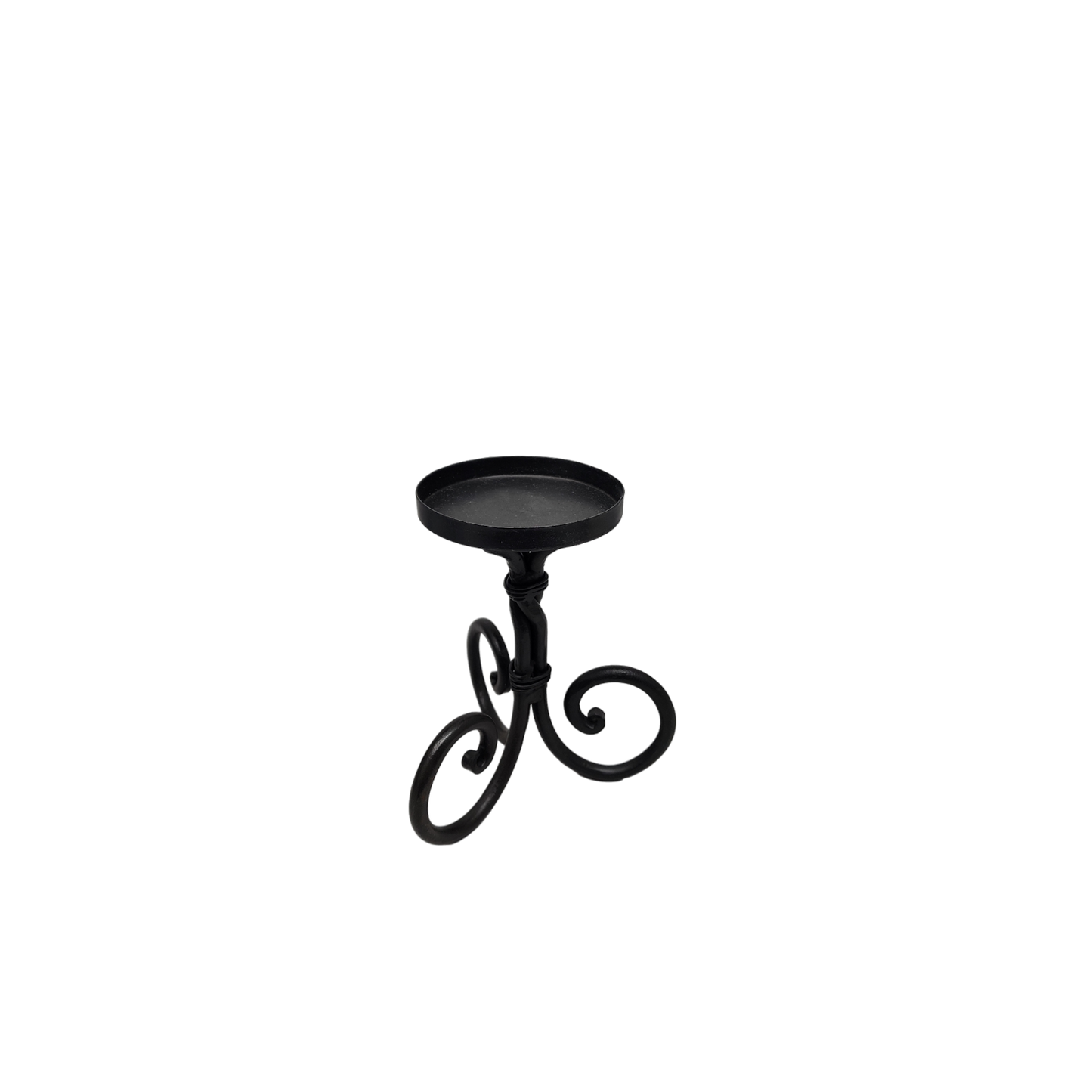 Scroll pillar candle holder hand-forged iron with ornate scrollwork and round tray top, black finish on Tampa Home & Garden Store