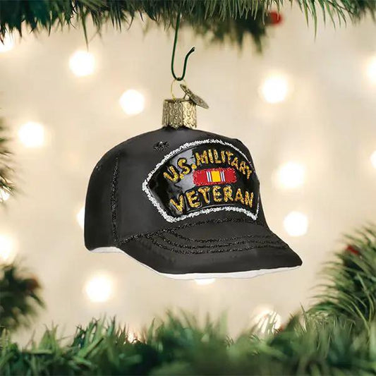 Veterans Cap Glass Ornament black cap with U.S. Military Veteran patch by Country Christmas Loft on Tampa Home & Garden Store