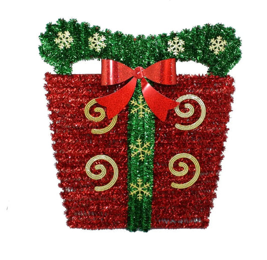 Garland Tinsel Present Wall Hanging red box with green and gold swirls bow by Country Loft on Tampa Home & Garden Store