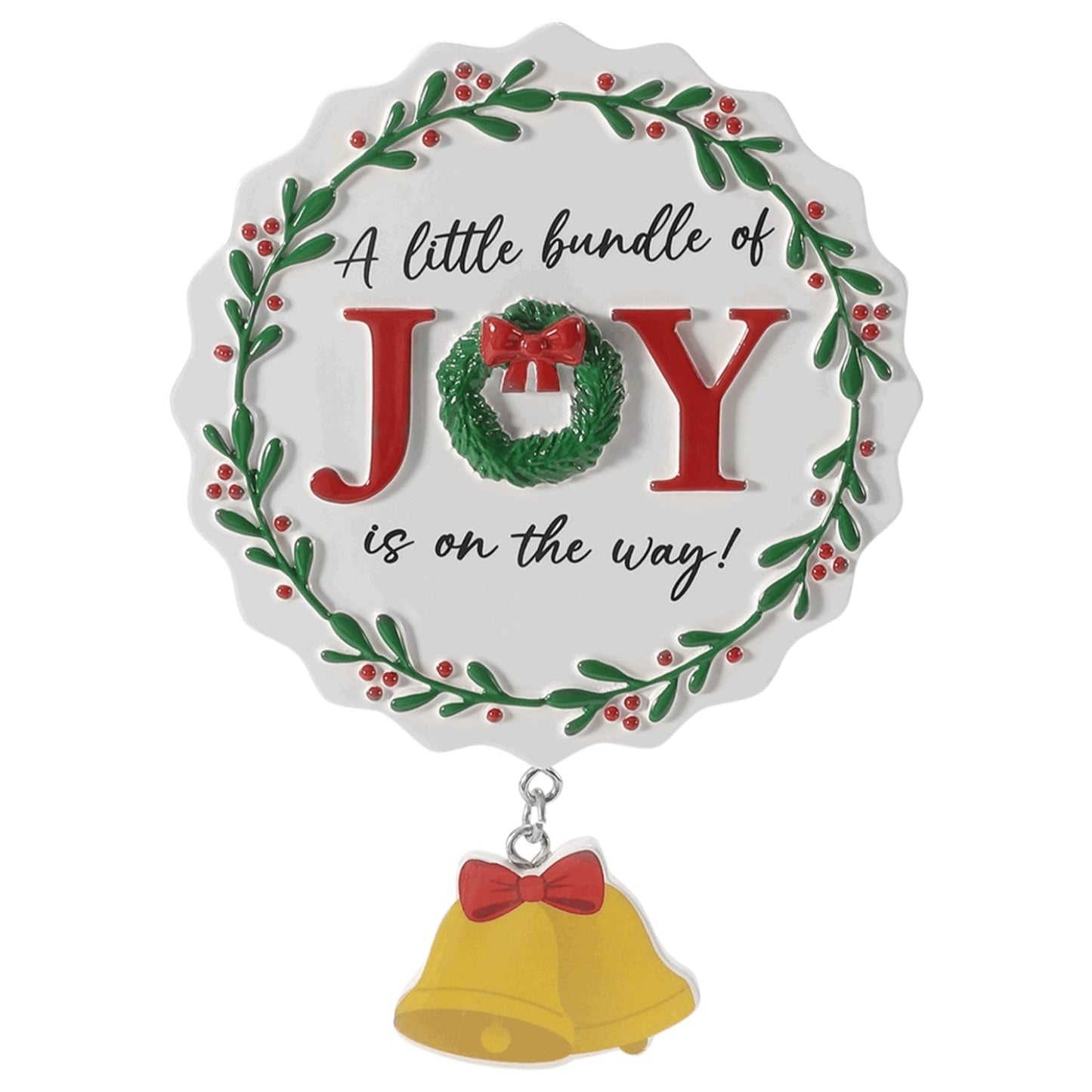 Little Bundle Of Joy Ornament Is On The Way with red JOY letters, green wreath, yellow bell on Tampa Home & Garden Store