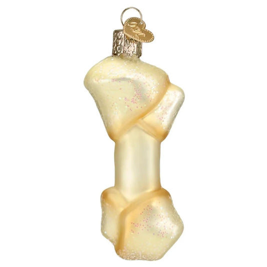 Gold rawhide bone glass ornament with glitter finish, holiday animal ornament on Tampa Home & Garden Store