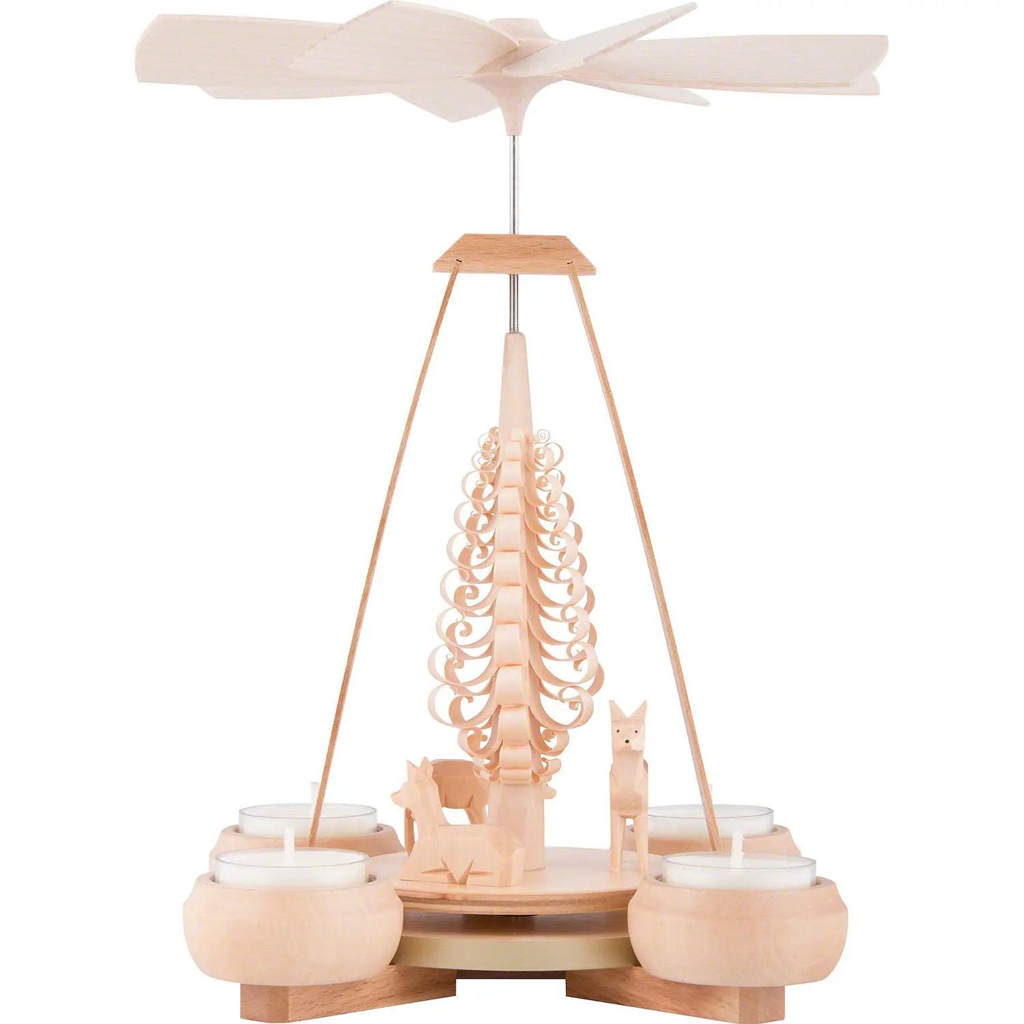German Candle Pyramid with Carved Deer Tree, light wood finish and four tealight candles on Tampa Home & Garden Store
