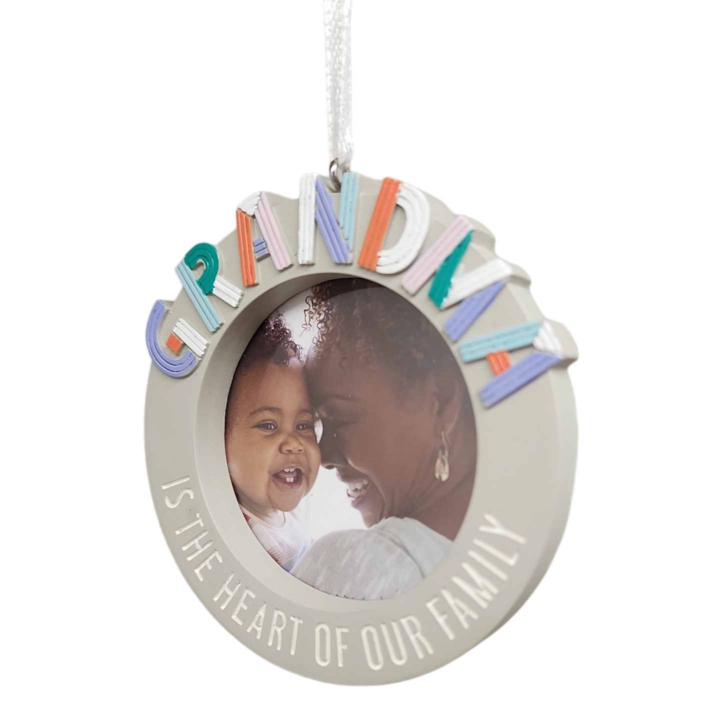 Grandma Photo Holder Ornament with circular gray frame and pastel multicolor clothespin GRANDMA on Tampa Home & Garden Store