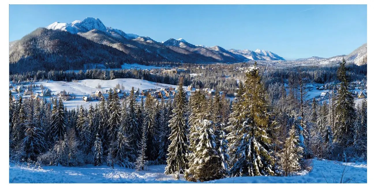 My Village Background Cloth Winter Backdrop snowy alpine village scene on blue sky fabric on Tampa Home & Garden Store