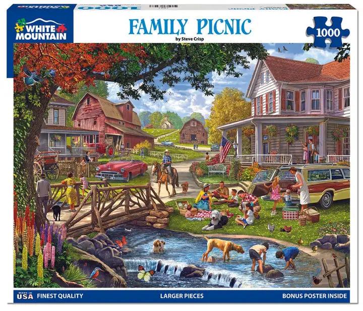 Family Picnic 1000-piece jigsaw puzzle by White Mountain, colorful countryside picnic scene on Tampa Home & Garden Store
