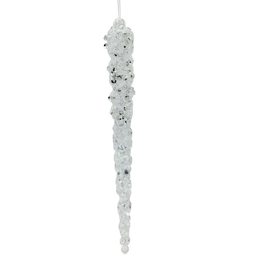 Glittered glass icicle ornament, clear with silver glitter, single piece on Tampa Home & Garden Store