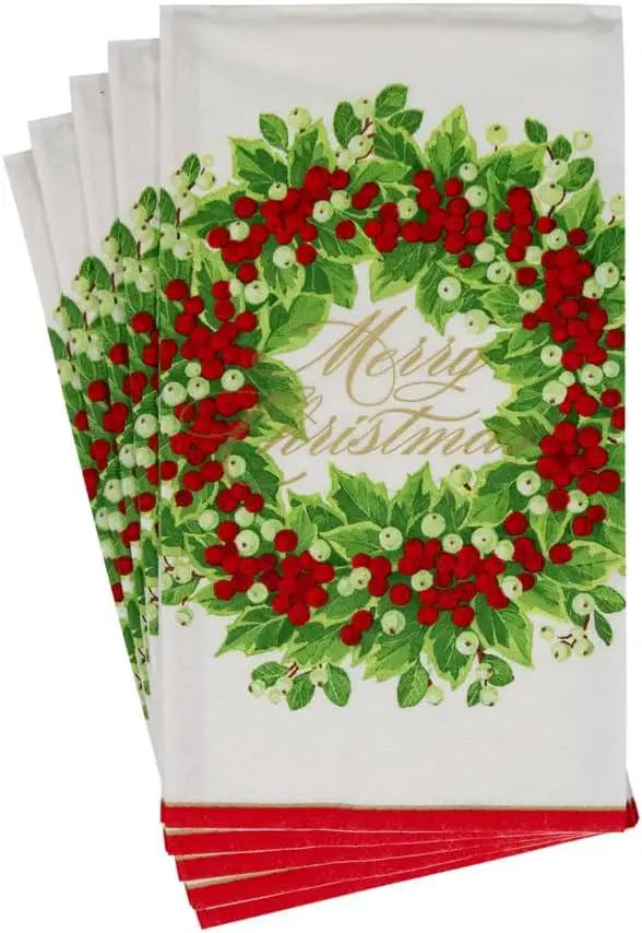 Holly and Berry Wreath Napkins, set of 4, white with green holly and red berries, red trim on Tampa Home & Garden Store