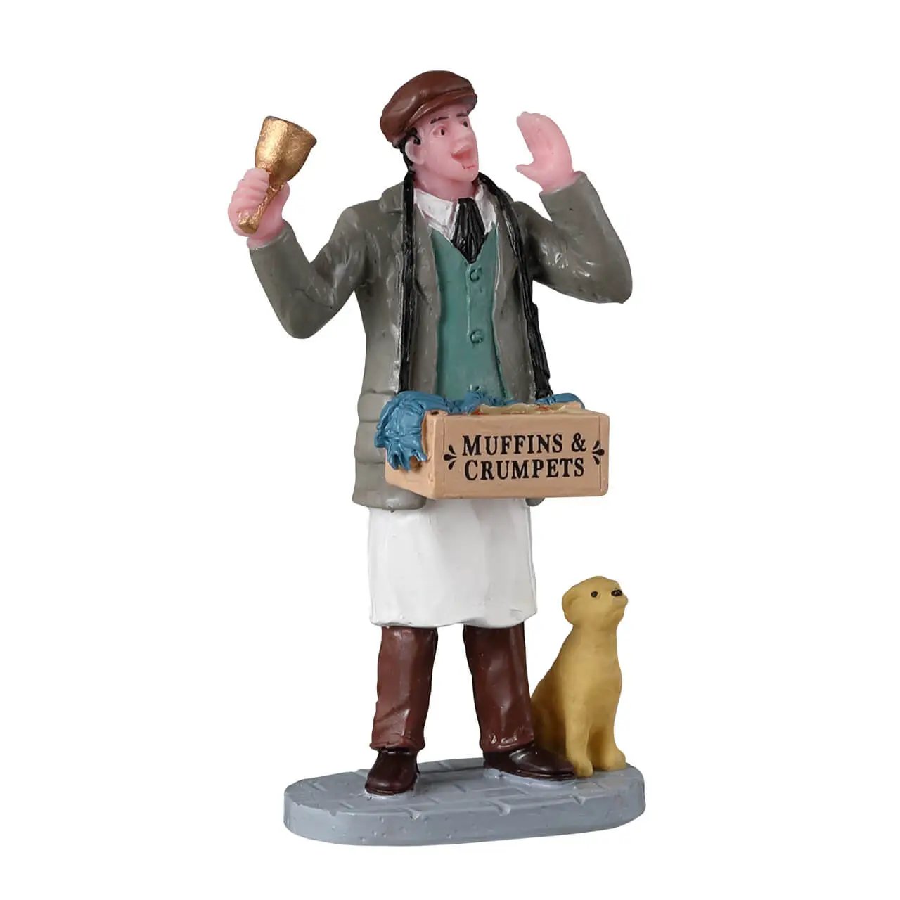 Baker figurine in gray coat and green vest with Muffins and Crumpets crate, plus small dog on Tampa Home & Garden Store