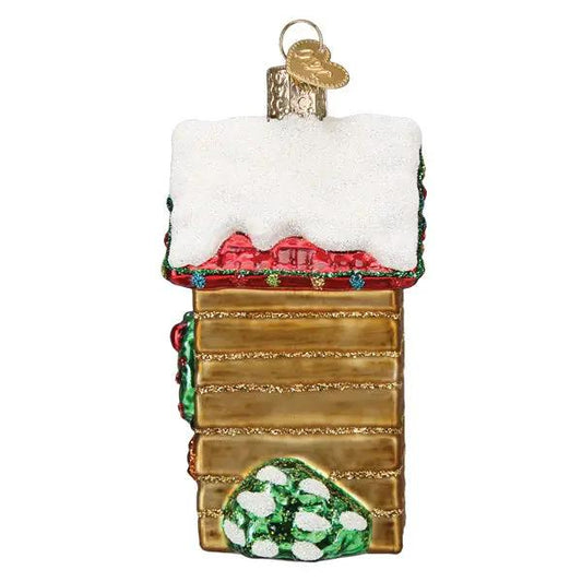 Old World Christmas Holiday Outhouse Ornament glass with snowy white roof and gold-brown outhouse on Tampa Home & Garden Store