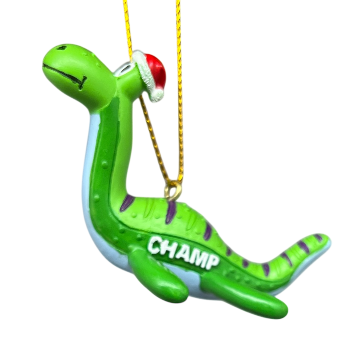 Champ the Lake Monster Christmas ornament bright green serpentine body with Santa hat on Tampa Home & Garden Store