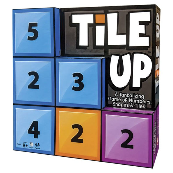 Tile Up board game with six colored number tiles in blue, orange and purple beside the box on Tampa Home & Garden Store