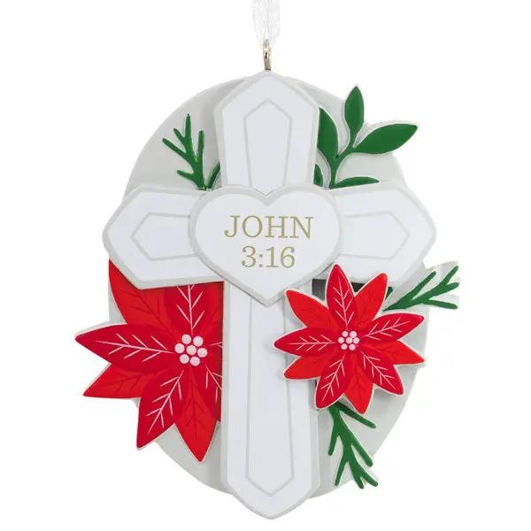 Cross with Poinsettias, white cross with red flowers, gold John 3:16, hanging ribbon on Tampa Home & Garden Store