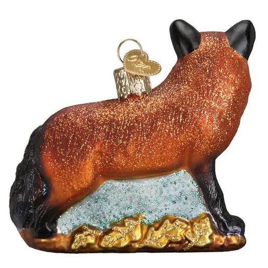 Red Fox Glass Ornament glittery orange-red body, black ears, snowy base on Tampa Home & Garden Store