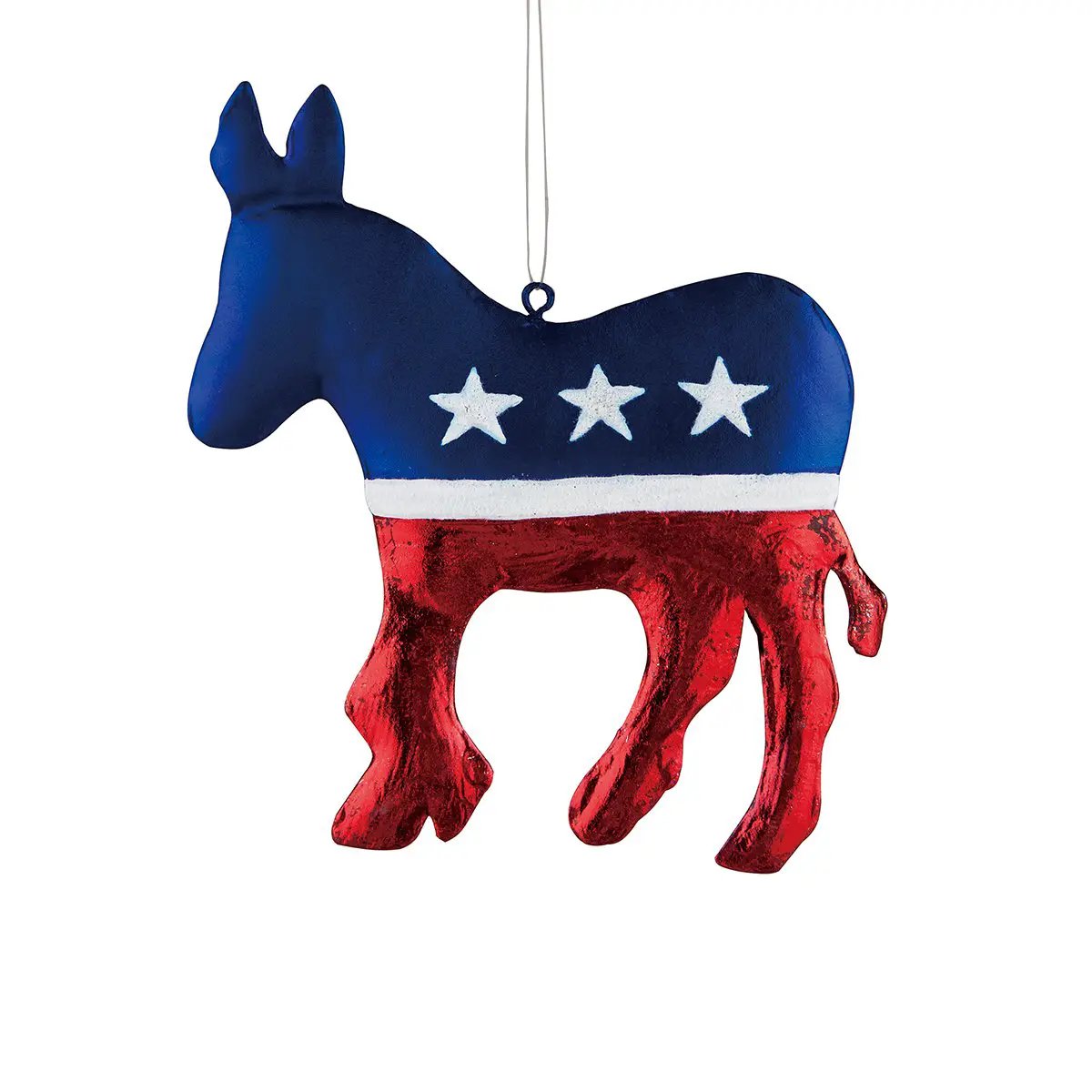 Democrat Donkey Ornament handcrafted metal in patriotic blue with white stars and red base on Tampa Home & Garden Store