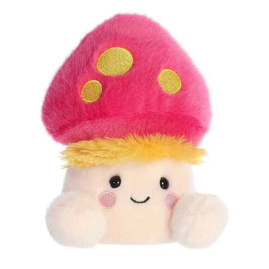 Favio Fluffy Mushroom Palm Pal plush toy with pink fuzzy cap and yellow polka dots; white face on Tampa Home & Garden Store