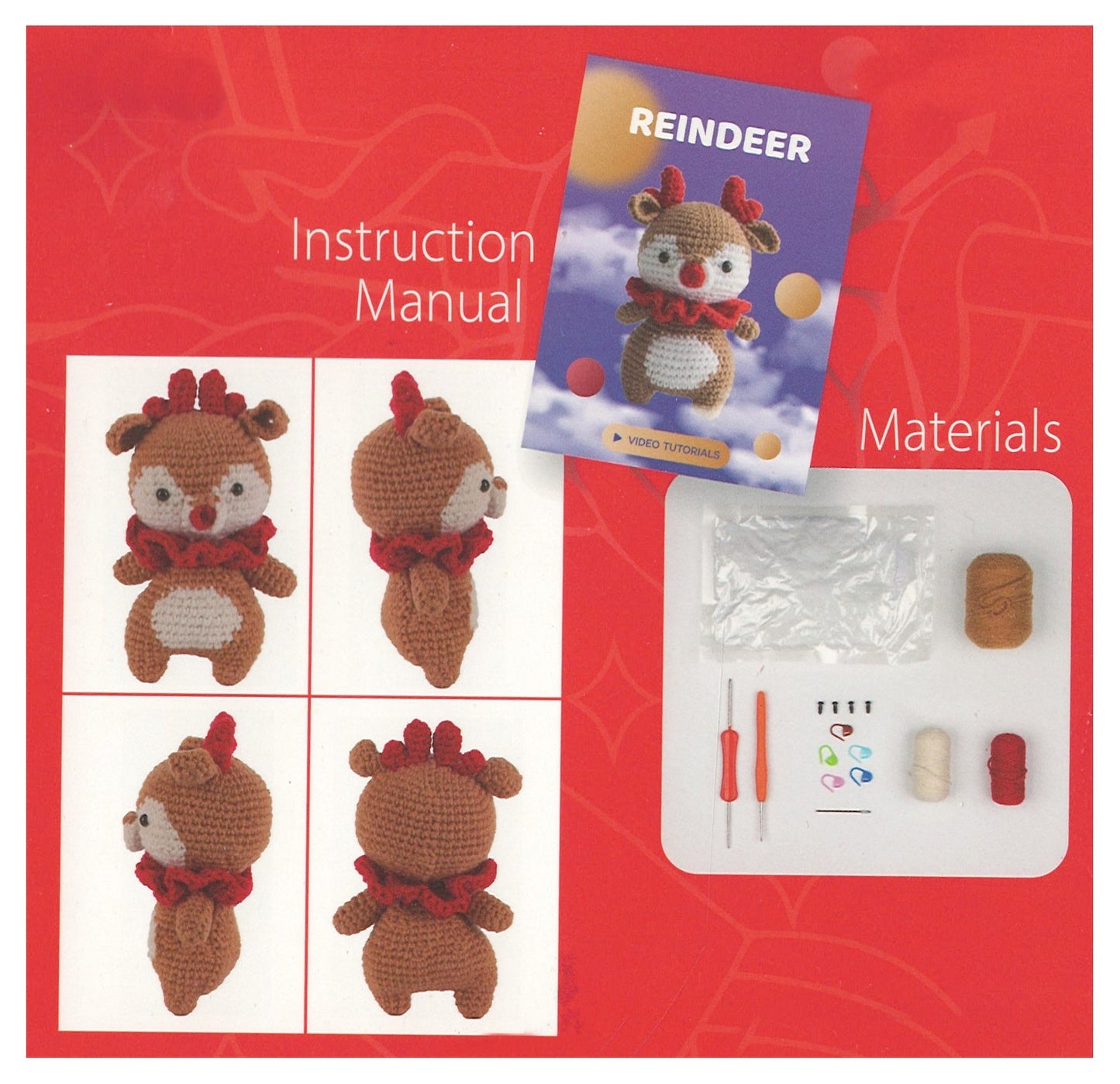 Amigurumi Reindeer Crochet Kit with Red Scarf by The Country Christmas Loft, includes instruction manual and materials on Tampa Home & Garden Store