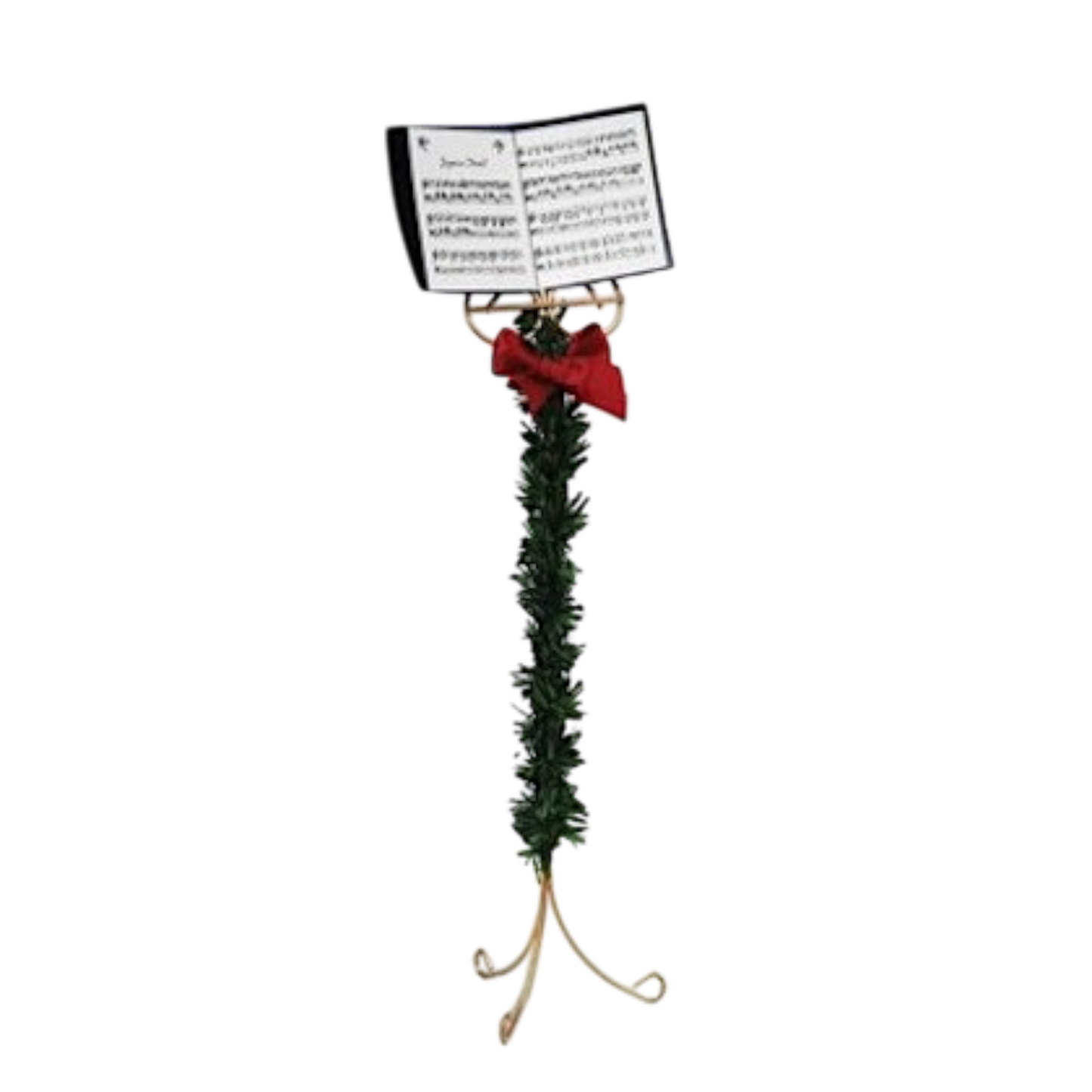 Carolers wire music stand with sheet music atop garland and red bow on Tampa Home & Garden Store on Tampa Home & Garden Store