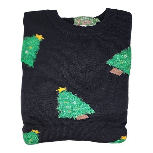 Cozy black Christmas Tree sweater by The Country Christmas Loft with green tree appliqués on Tampa Home & Garden Store