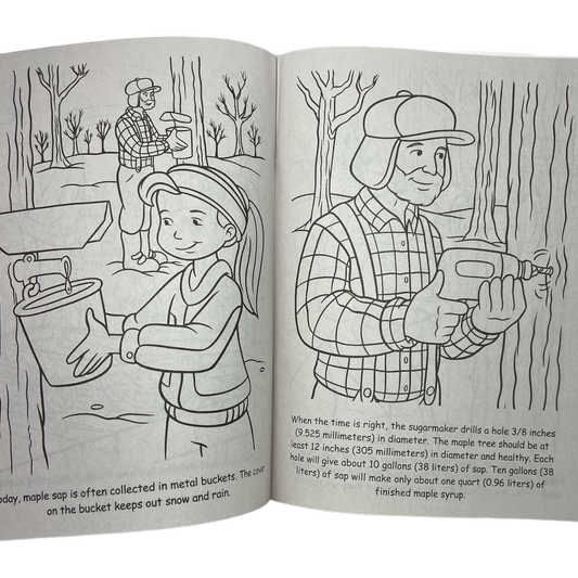 Children's coloring page sugarhouse scene with a girl and a man drilling a hole in a tree in a forest on Tampa Home & Garden Store