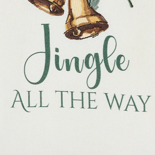 Jingle All the Way embroidered dishtowel, white towel with green script and bell motif on Tampa Home & Garden Store
