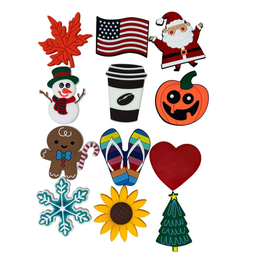 Charming tote bag charms set with 12 holiday icons including Santa, snowman, pumpkin on Tampa Home & Garden Store