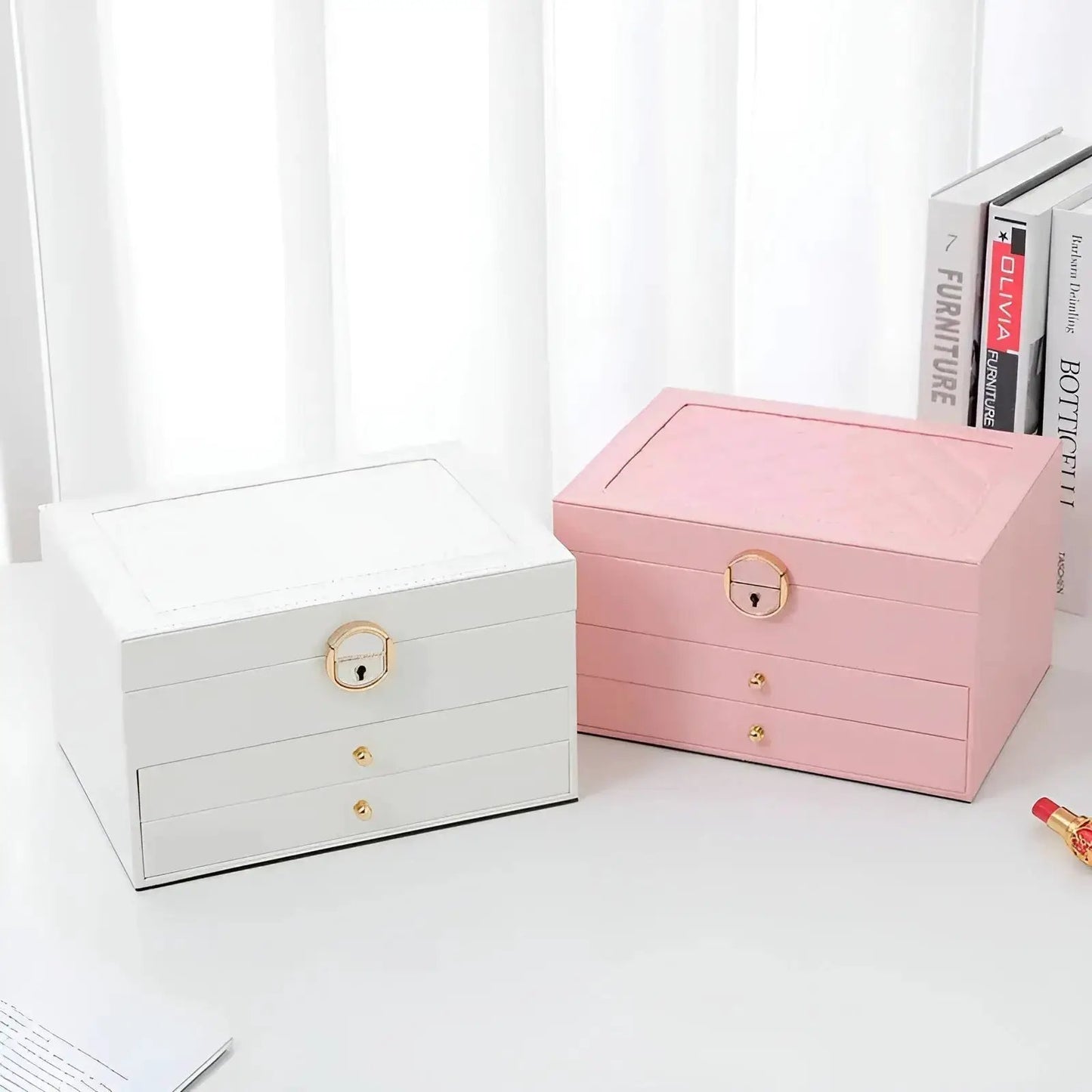 Pair of PU Leather Jewelry Box Organizers with compartments in white and pink Moktan Sabai on Tampa Home & Garden Store