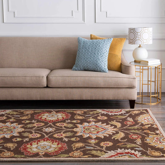 Conesus Hand Tufted Brown 1051 area rug with brown base and colorful floral motif on Tampa Home & Garden Store