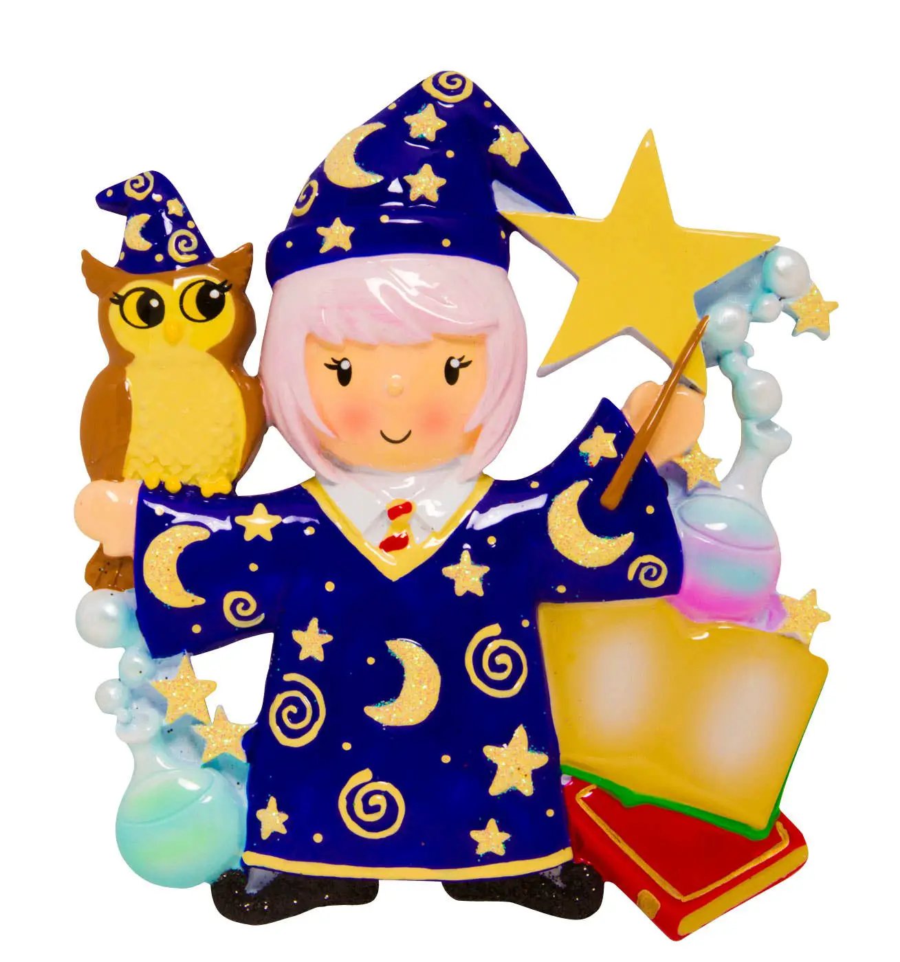 Wizard ornament polyresin keepsake, personalizable Christmas figure with owl and stars on Tampa Home & Garden Store