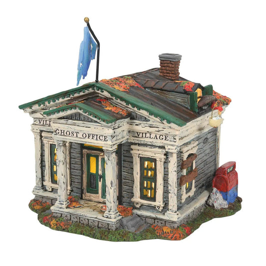Village Ghost Office Miniature Desk Lamp distressed white building with green trim and blue flag on Tampa Home & Garden Store