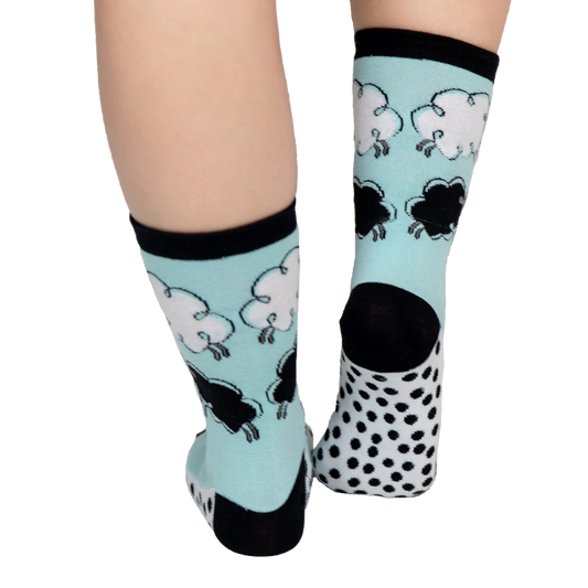 Fast Asheep Crew Socks turquoise with white sheep pattern, black toes/heels, size 9–11 on Tampa Home & Garden Store