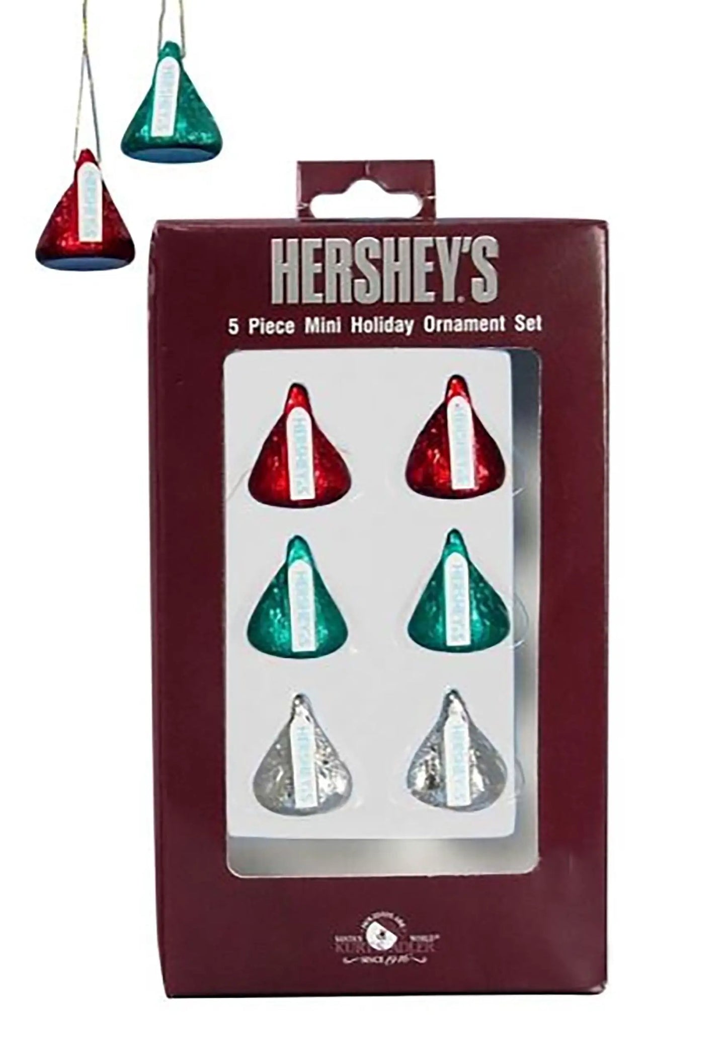Kurt Adler Hershey's Kisses mini ornament set of 6; metallic red, green & silver teardrop shapes on Tampa Home & Garden Store