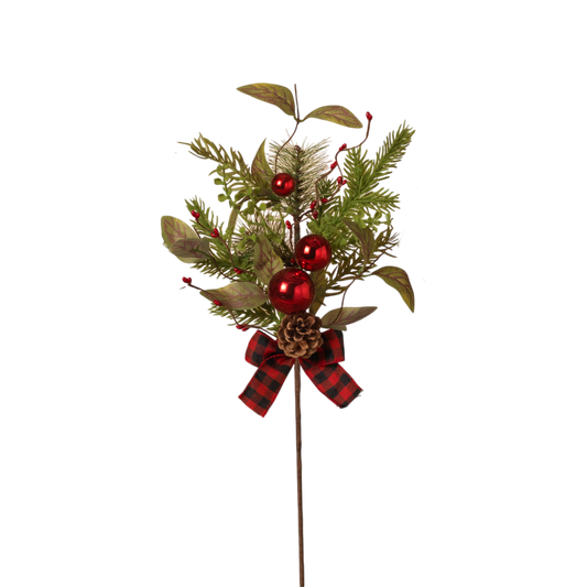 Pine and Berry Christmas Pick with Plaid Bow red berries and pinecone on Tampa Home & Garden Store
