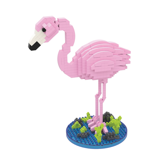 Mini Building Blocks Flamingo Collection construction set, pink flamingo on blue circular base on Tampa Home & Garden Store
