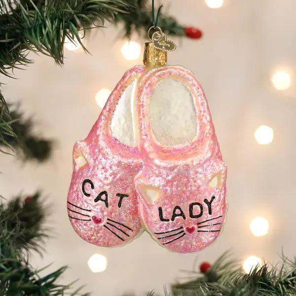 Cat Lady pink slippers glass ornament pink glitter with cat faces by The Country Christmas Loft on Tampa Home & Garden Store