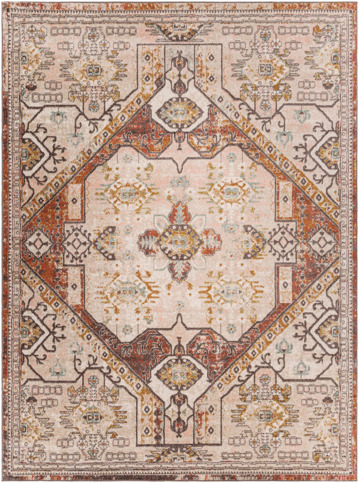 Yennora area rug by Boutique Rugs in pink cream with oriental medallion and rust border on Tampa Home & Garden Store
