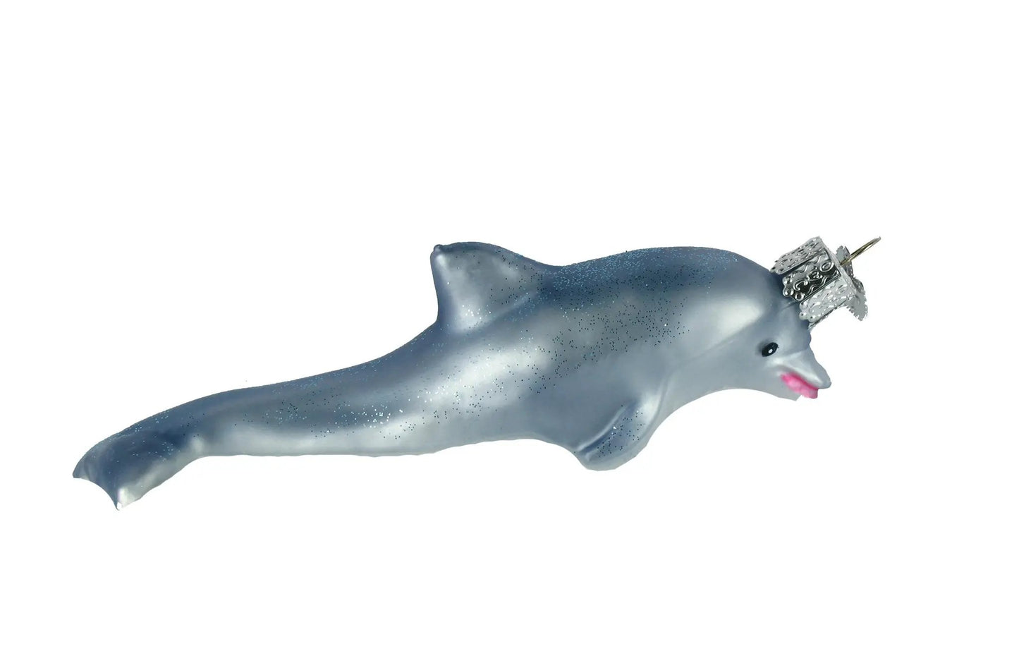Old World Christmas Playful Dolphin Ornament blue-gray glitter body with crown on Tampa Home & Garden Store