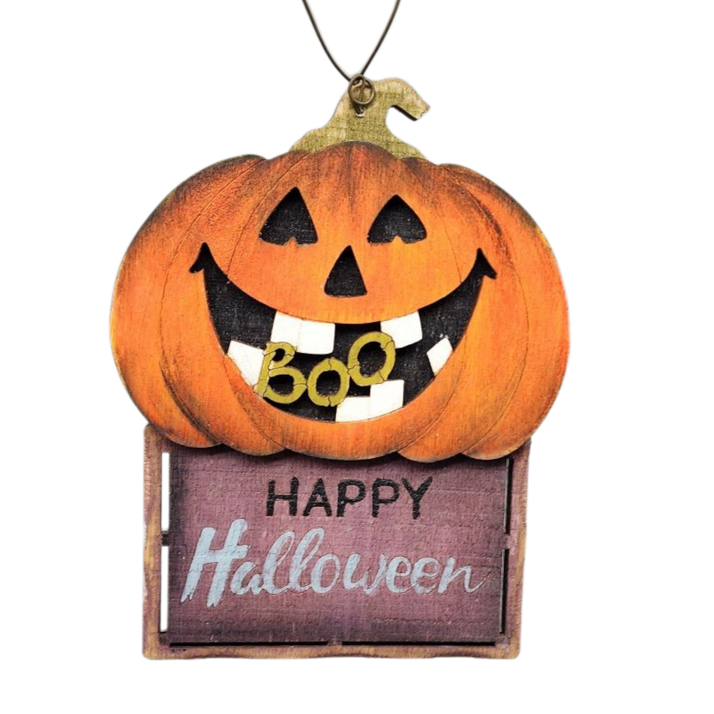 Wooden Halloween ornament Jack-o-Lantern pendant on a rustic sign with Happy Halloween text on Tampa Home & Garden Store