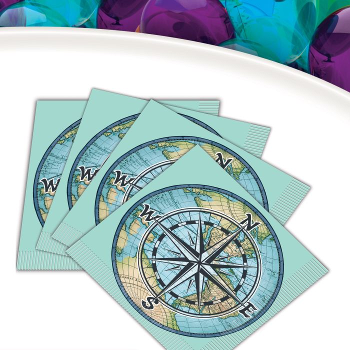 Bon Voyage napkins 4 with compass map print on turquoise 2-ply paper Country Christmas Loft on Tampa Home & Garden Store