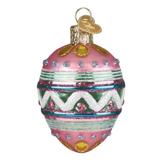 Glass Easter Egg Ornament in pink with turquoise stripes, gold cap by Country Christmas Loft on Tampa Home & Garden Store