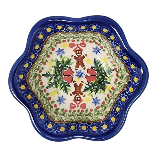 Polish Pottery Ruffled Bowl Gingerbread Delight blue rim with yellow flower border serving bowl on Tampa Home & Garden Store