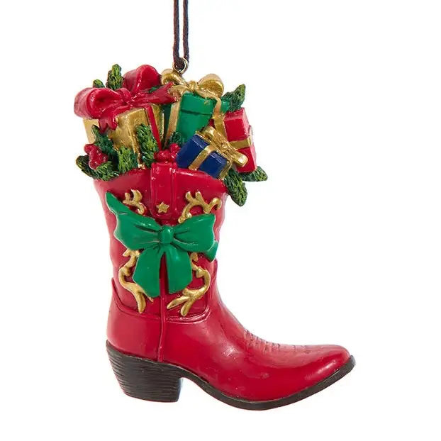 Red cowboy boot Christmas ornament with green bow and gold accents, filled with presents on Tampa Home & Garden Store