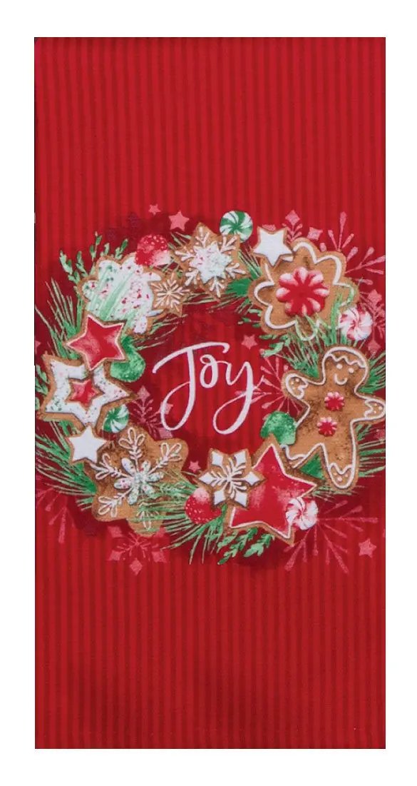 Joy Dual Purpose Terry Towel 2 in 1 red holiday kitchen towel with wreath design on Tampa Home & Garden Store