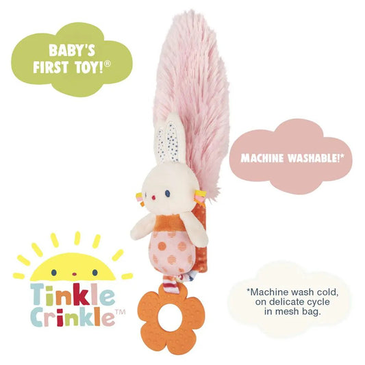 Tinkle Crinkle Play Together Bunny Toy pink plush teether with fluffy tail and orange ring on Tampa Home & Garden Store