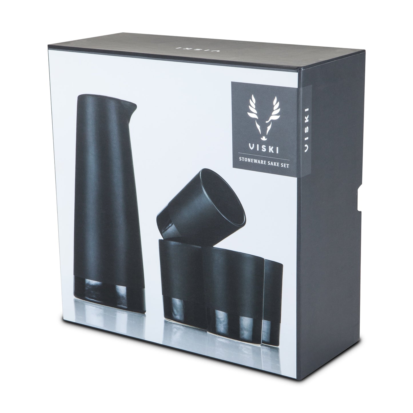 Four Black Stoneware Sake Tumblers and Carafe