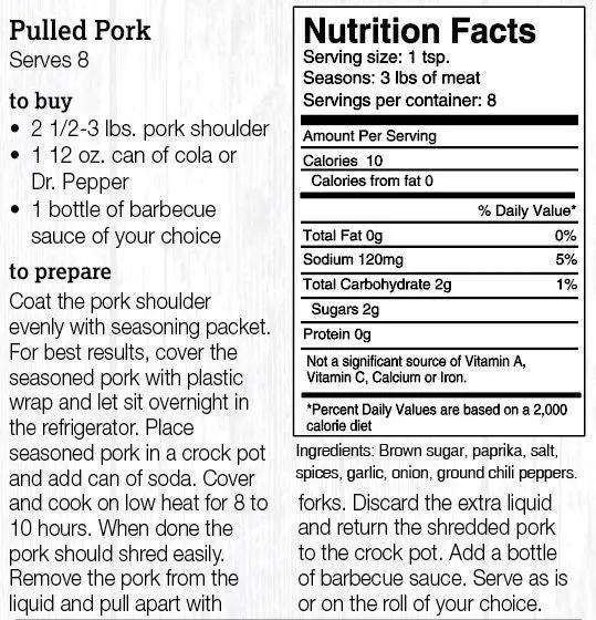 Pulled Pork Mix Halladays Country Style, herbs & spices with Nutrition Facts panel on white wood on Tampa Home & Garden Store