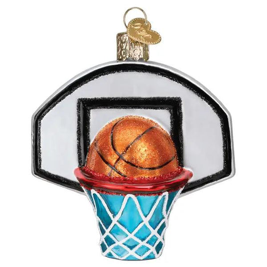 Basketball hoop glass ornament hand-painted orange basketball, white backboard, blue net on Tampa Home & Garden Store