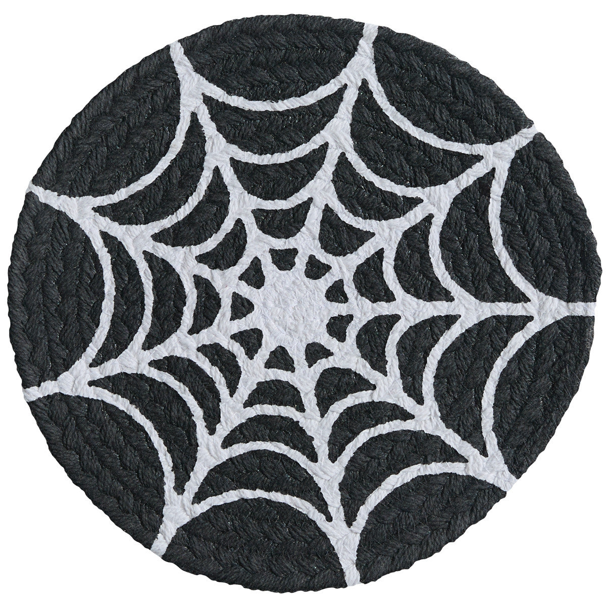 Black spider web round trivet with white web design by The Country Christmas Loft on Tampa Home & Garden Store