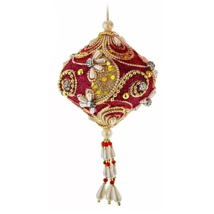Ruby and Platinum Christmas ornament ball tear drop onion with gold filigree and pearl top tassel on Tampa Home & Garden Store
