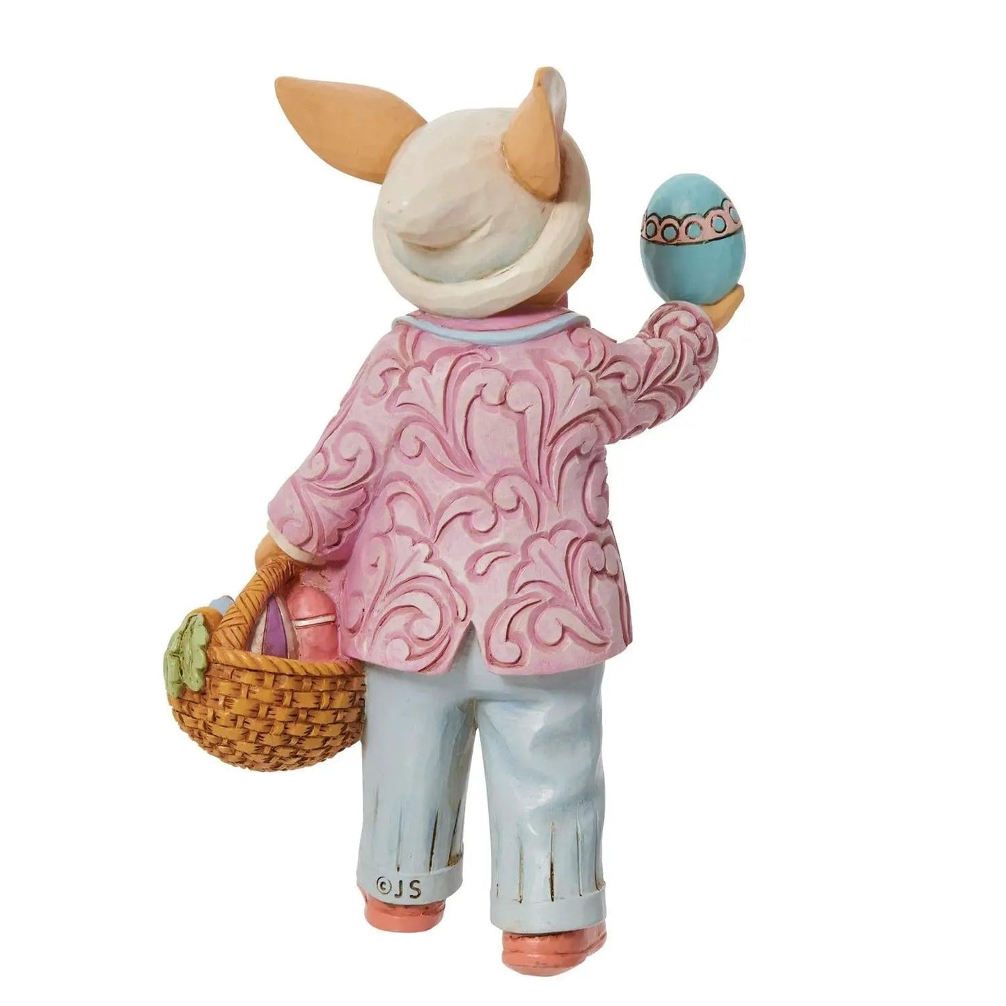 Pint Size Bunny with Egg Figurine Jim Shore pink patterned coat blue pants turquoise egg on Tampa Home & Garden Store